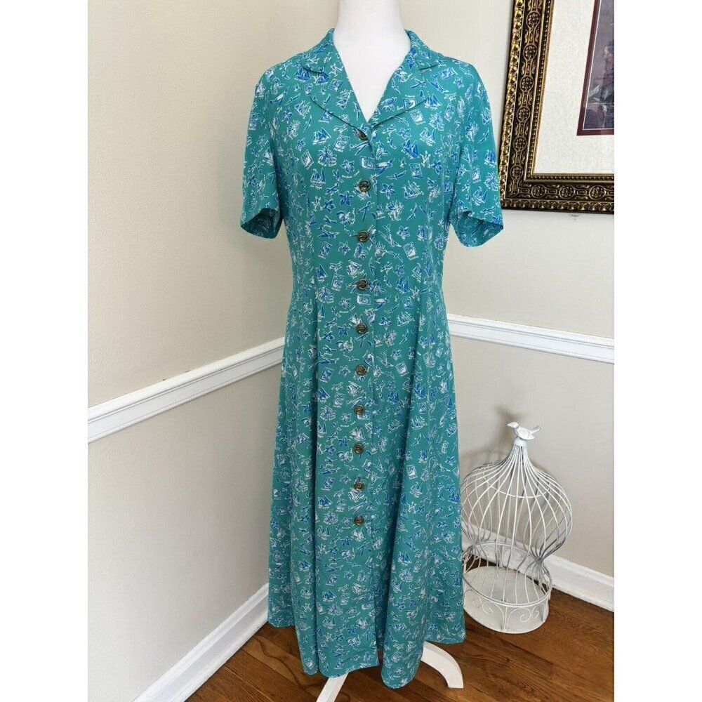 Vintage Leslie Fay Size 8 Midi Dress Green Travel Airplane Beach Print